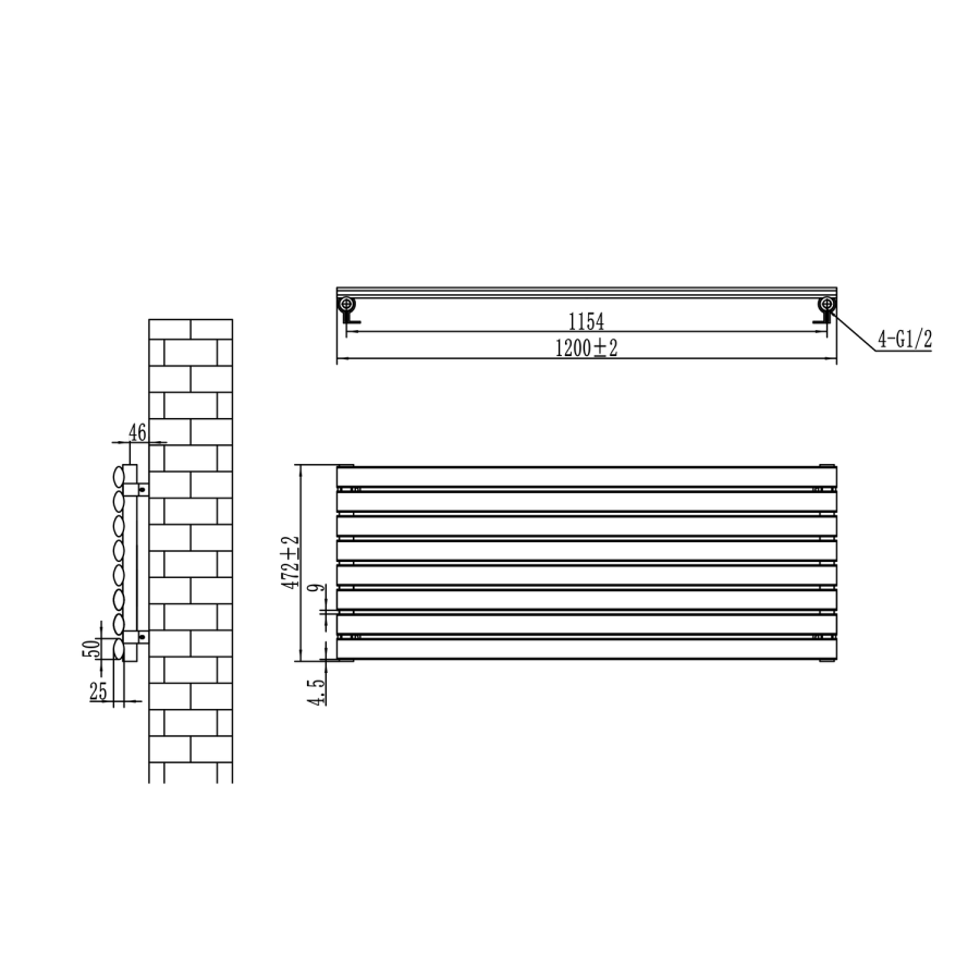 Sorrento Dark Grey Anthracite Oval Designer Radiator 472x1200mm Single Panel 2294 BTU