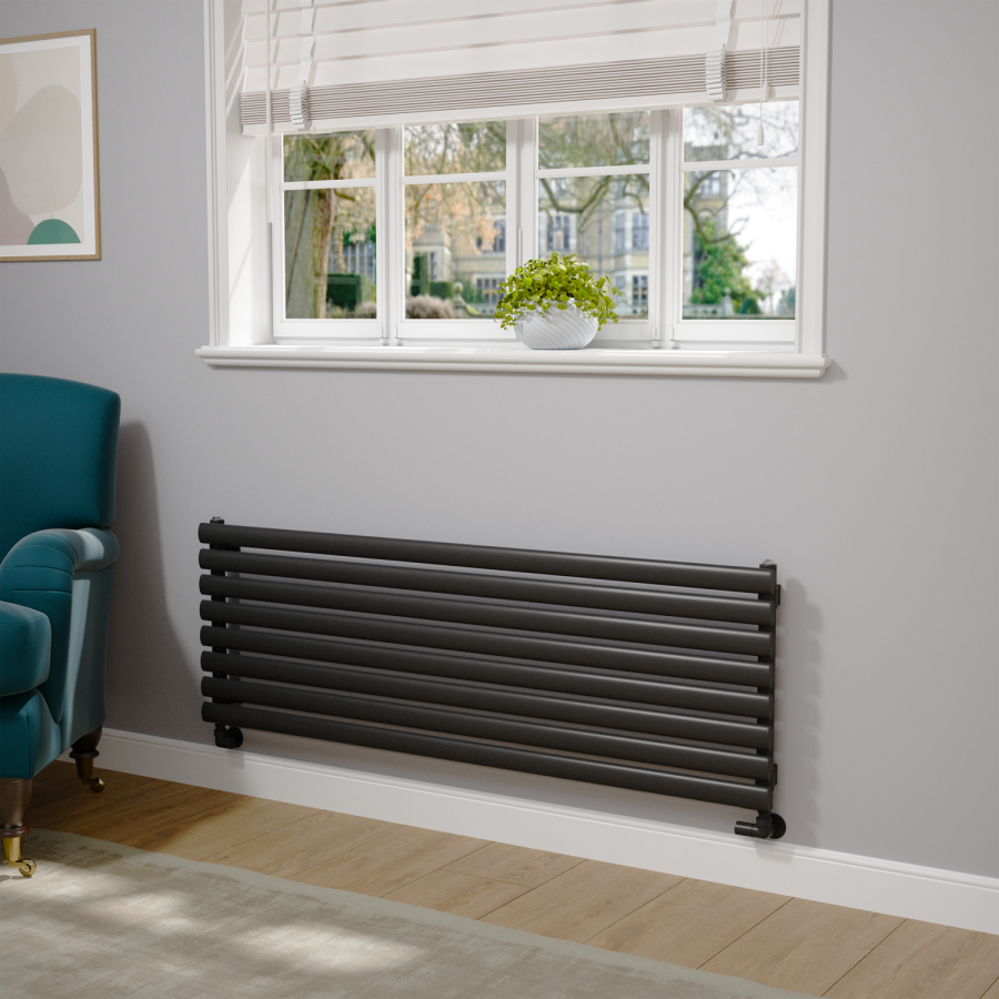Sorrento Linea Black Oval Designer Radiator 472x1400mm Single Panel 2655 BTU - Horizontal Bars