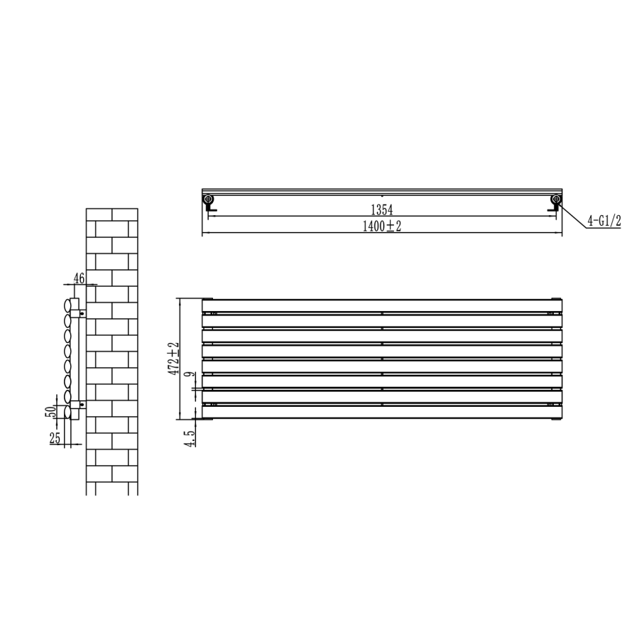 Sorrento Linea Black Oval Designer Radiator 472x1400mm Single Panel 2655 BTU - Horizontal Bars