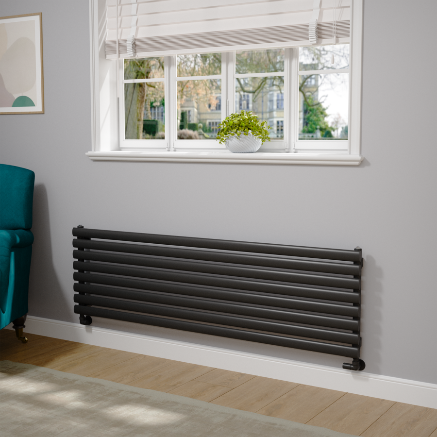 Sorrento Linea Black Oval Designer Radiator 472x1600mm Single Panel 3024 BTU - Horizontal Bars