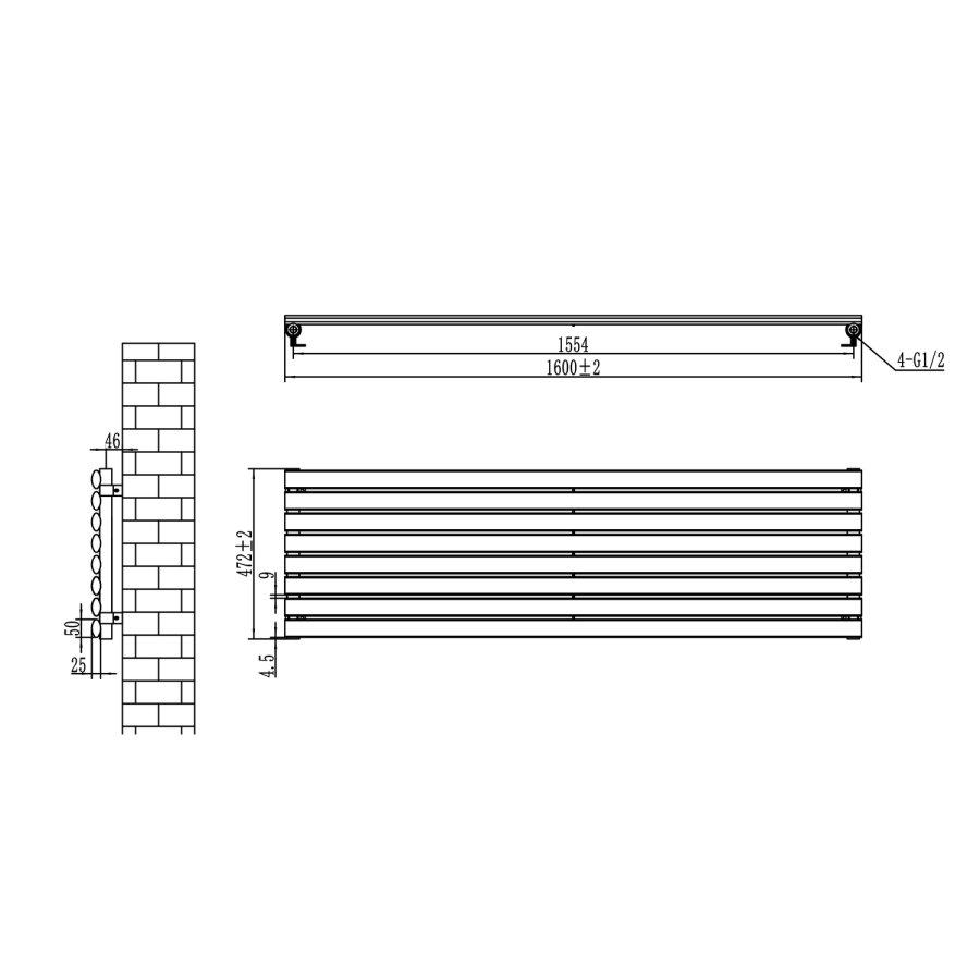 Sorrento Linea Black Oval Designer Radiator 472x1600mm Single Panel 3024 BTU - Horizontal Bars