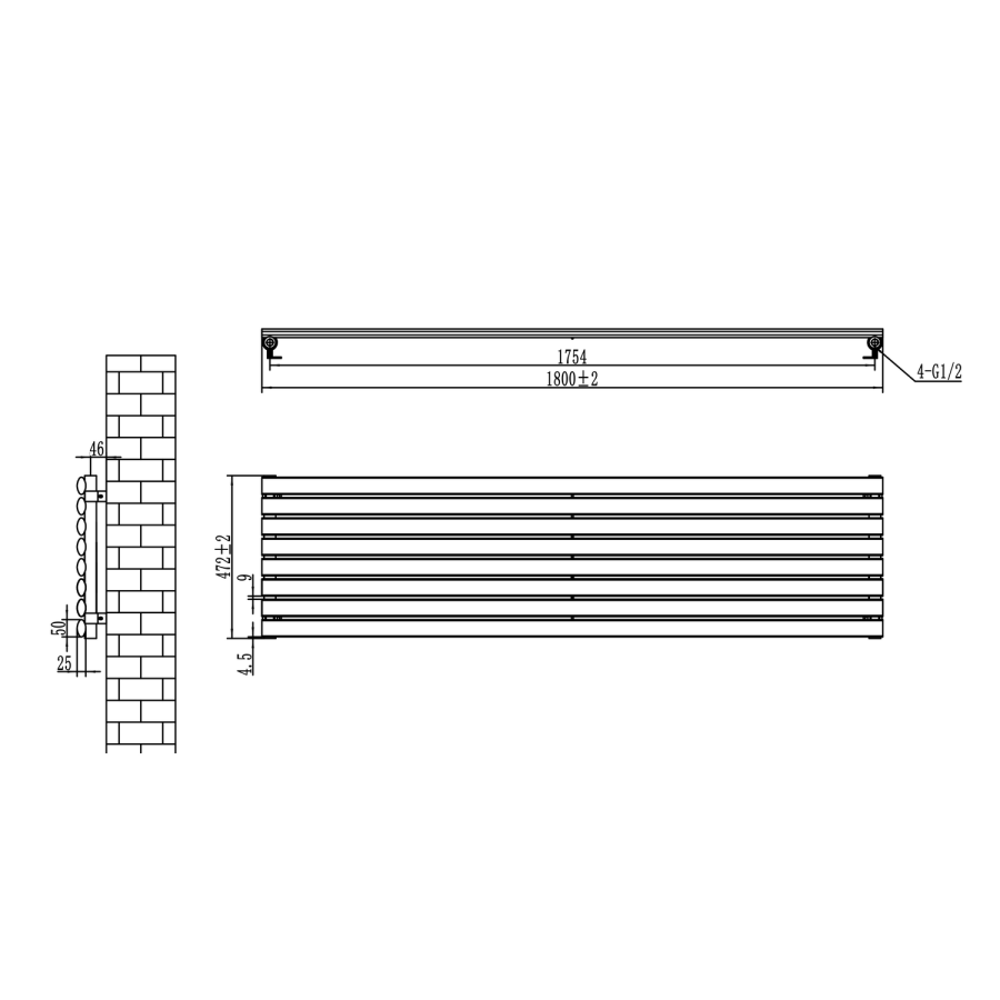 Linea 3403 Sorrento Linea Midnight Black Oval Designer Radiator 472x1800mm Single ...