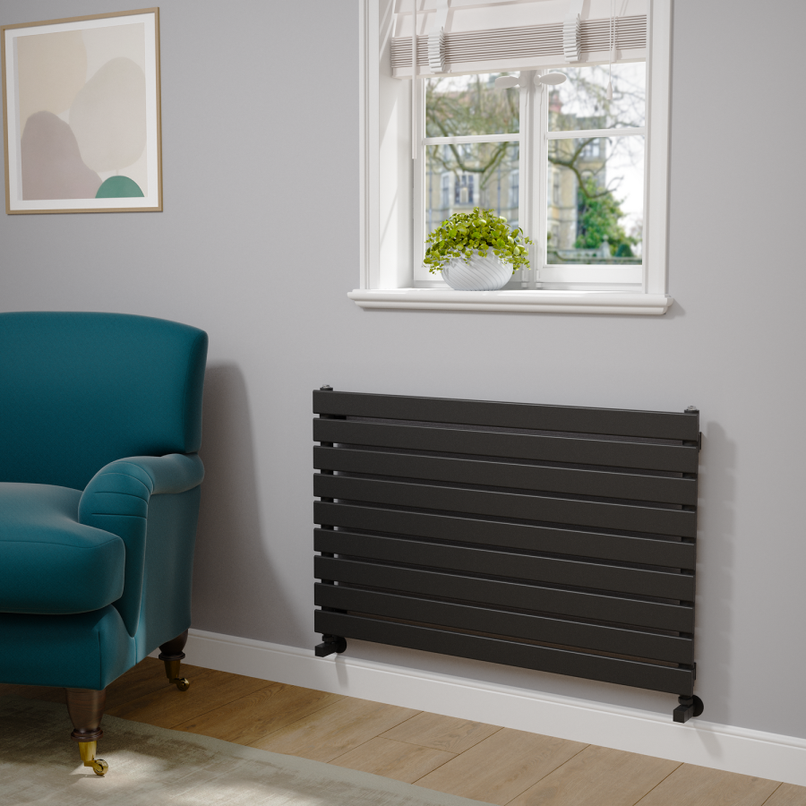 Riace Linea Midnight Black Flat Designer Radiator 630x1000mm Single Panel 2433 BTU - Horizontal Bars