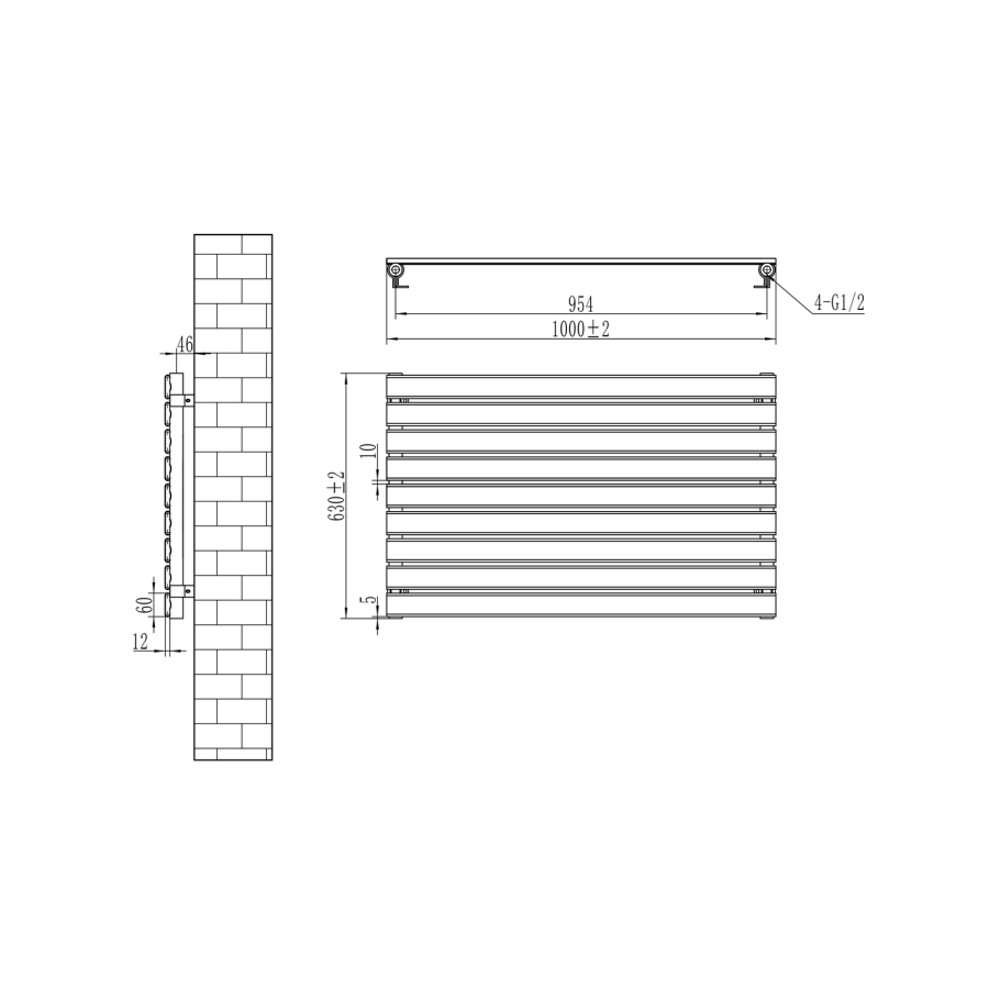 Riace Linea Midnight Black Flat Designer Radiator 630x1000mm Single Panel 2433 BTU - Horizontal Bars