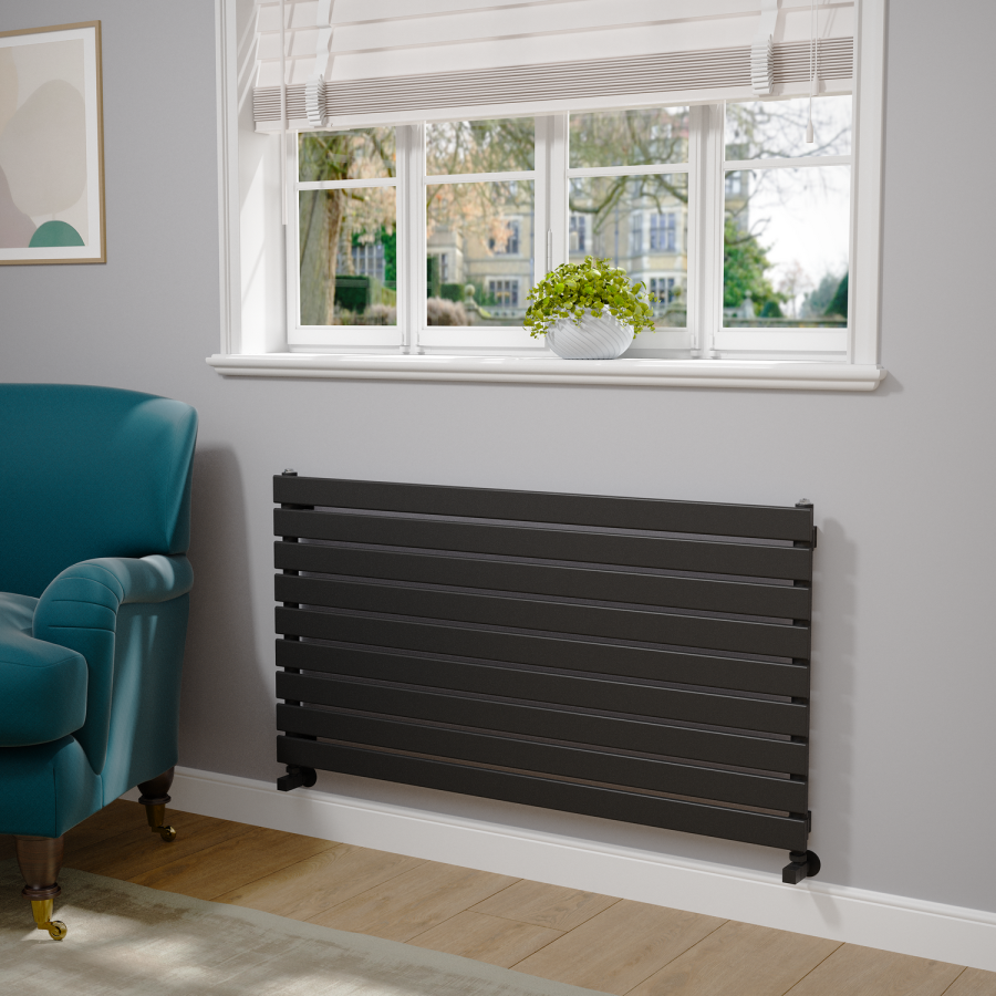 Riace Linea Midnight Black Flat Designer Radiator 630x1200mm Single Panel 2881 BTU - Horizontal Bars