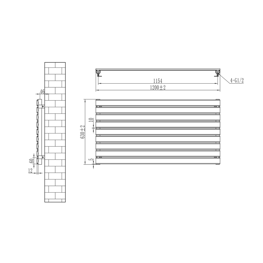 Riace Linea Midnight Black Flat Designer Radiator 630x1200mm Single Panel 2881 BTU - Horizontal Bars