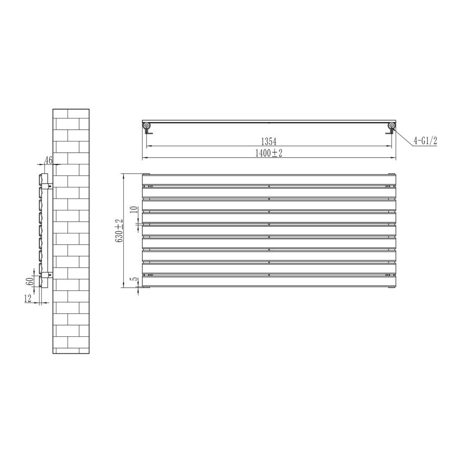 Riace Linea Midnight Black Flat Designer Radiator 630x1400mm Single Panel 3331 BTU - Horizontal Bars