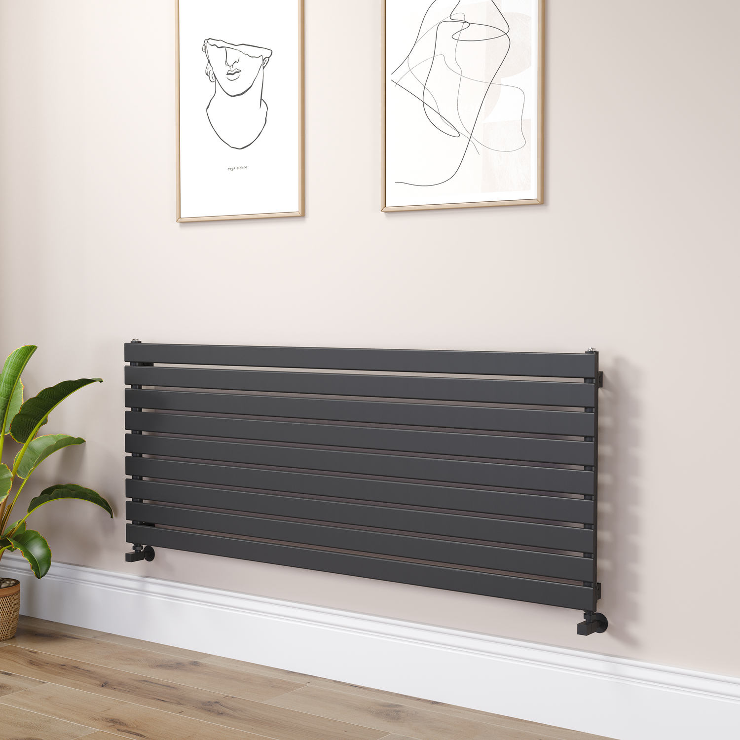 Riace Midnight Black Linea Flat Designer Radiator 630X1600mm Single Panel 3795 Btu - Horizontal Bars