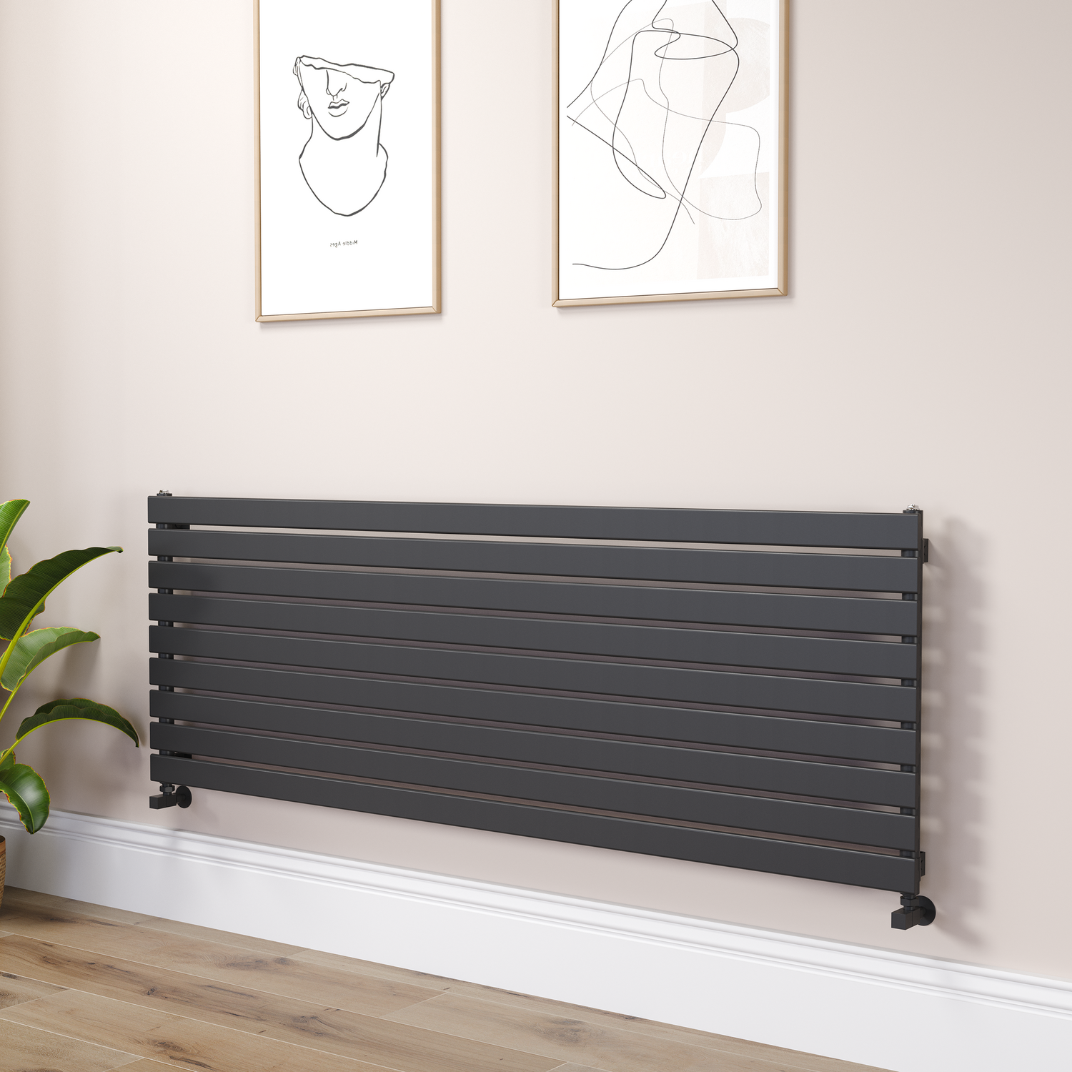 Riace Midnight Black Linea Flat Designer Radiator 630X1800mm Single Panel 4266 Btu - Horizontal Bars