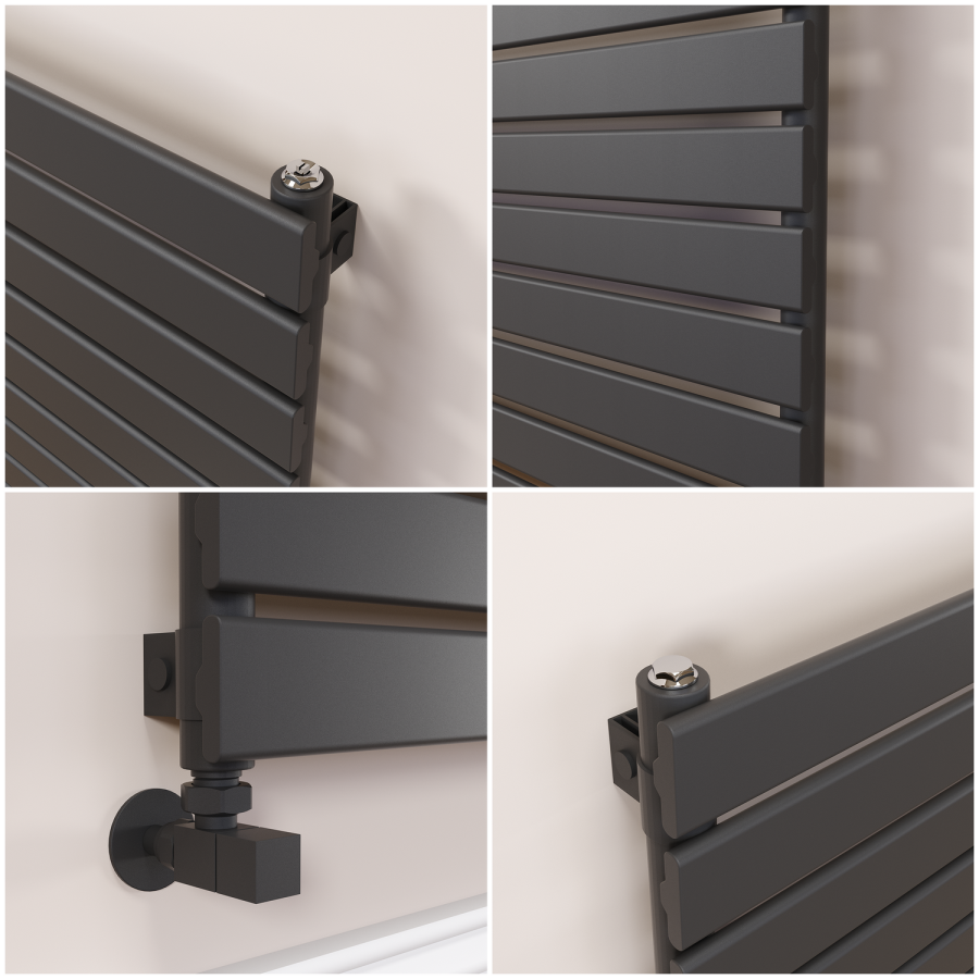 Riace Linea Midnight Black Flat Designer Radiator 630x800mm Single Panel 1990 BTU - Horizontal Bars