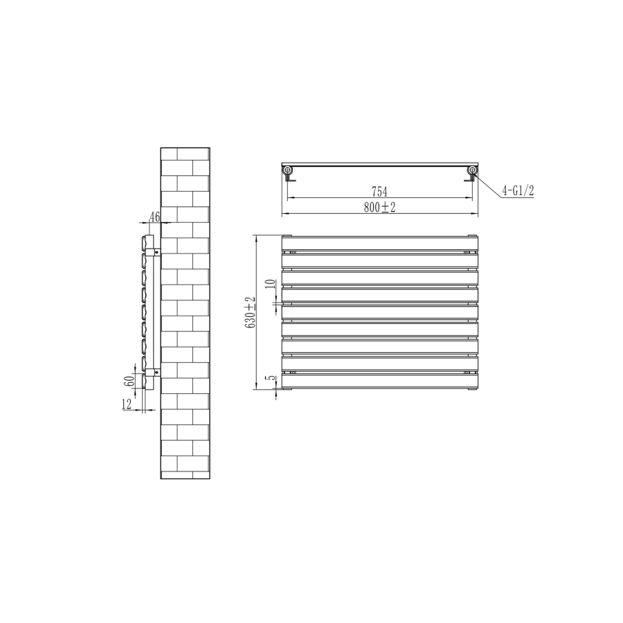 Riace Linea Midnight Black Flat Designer Radiator 630x800mm Single Panel 1990 BTU - Horizontal Bars