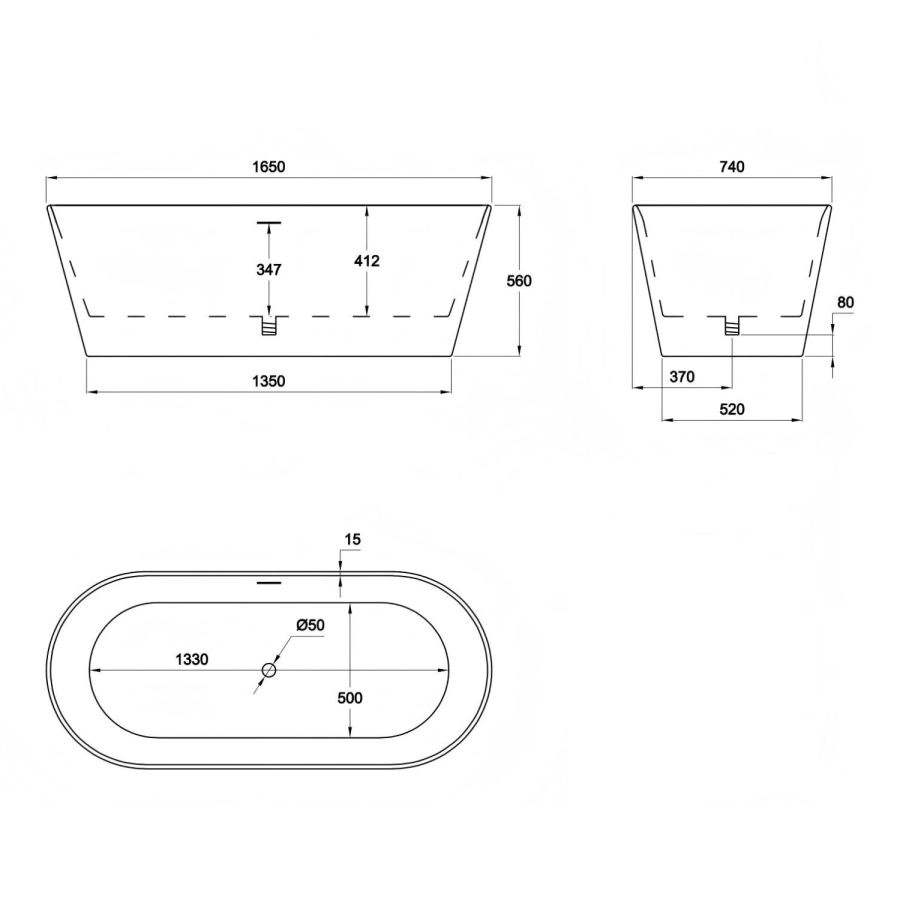Freestanding Double Ended Bath 1645 x 740mm - Riley