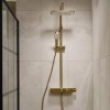 Triton Brushed Brass Push Button Thermostatic Mixer Bar Shower with Square Overhead &amp; Hand Shower