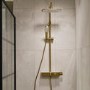 Triton Brushed Brass Push Button Thermostatic Mixer Bar Shower with Square Overhead & Hand Shower
