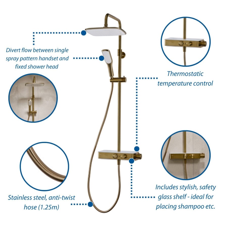 Triton Push Button Bar Diverter Thermostatic Mixer Shower Set - Brass