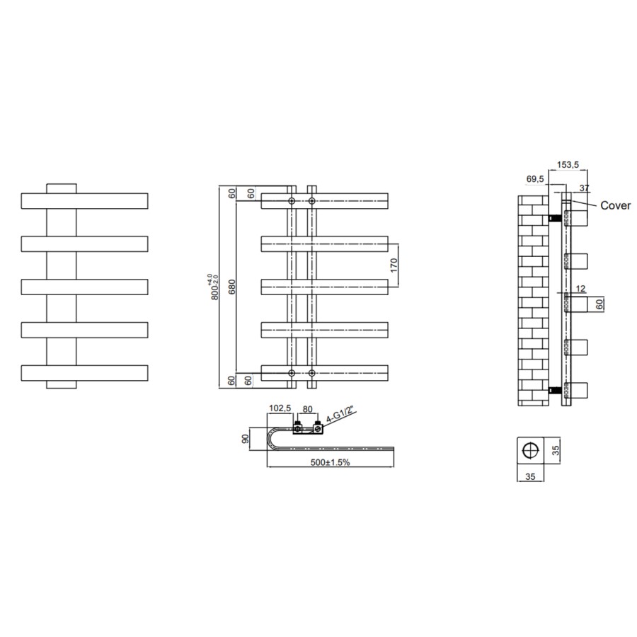 Reina Panaro Gunmetal Designer Towel Radiator - 800 x 500mm