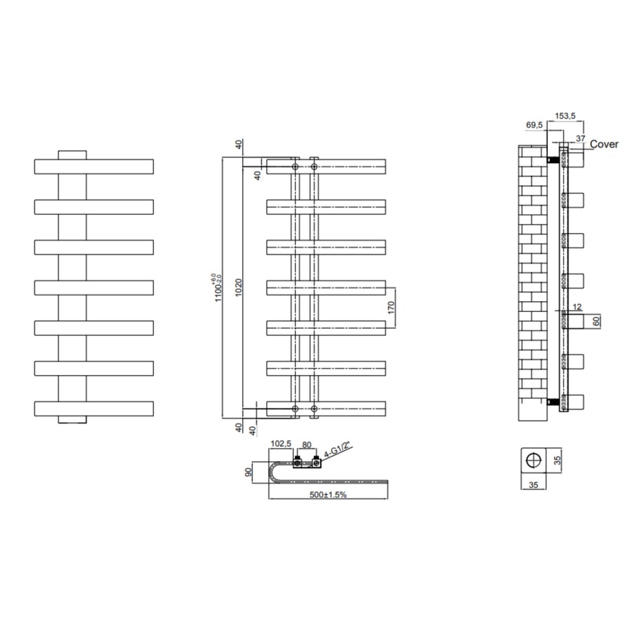 Reina Panaro Gunmetal Designer Towel Radiator - 1100 x 500mm