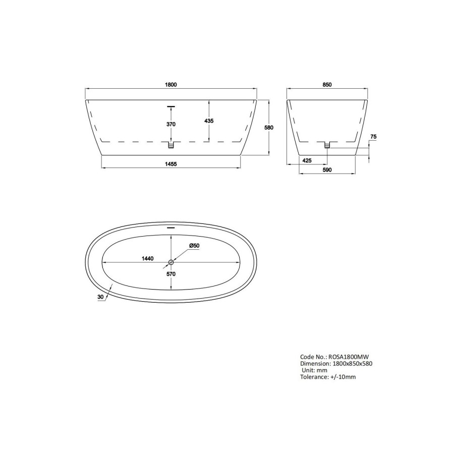 Matt White Freestanding Double Ended Bath 1800 x 850mm - Rosa
