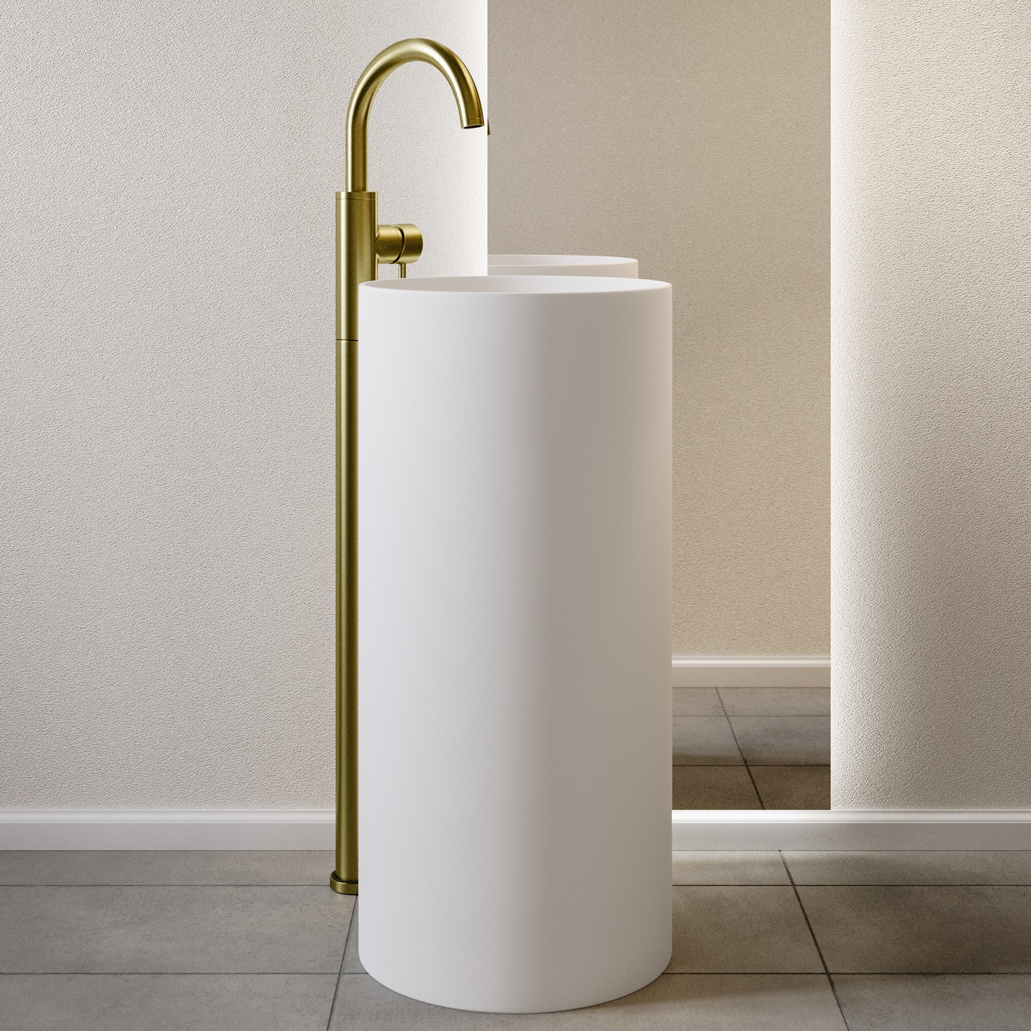 Ruby White 400Mm Matt Round Stone Resin Freestanding Cylinder Pedestal Basin With Waste