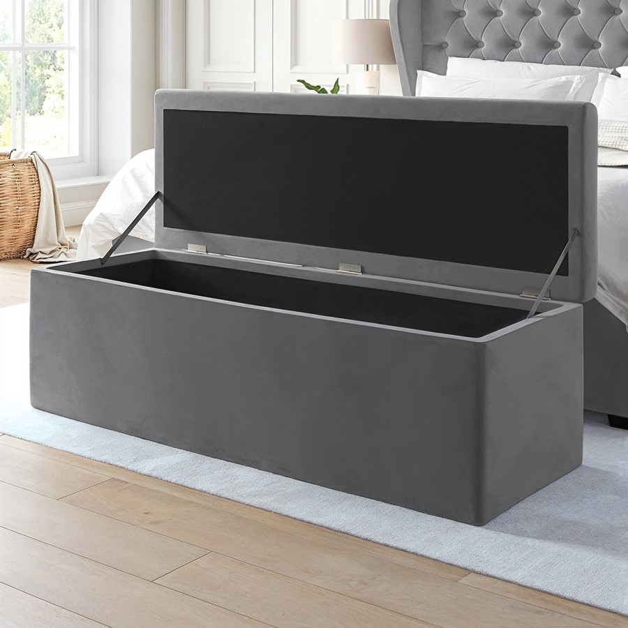 ONLY OPENED - Safina Ottoman Storage Box in Grey Velvet