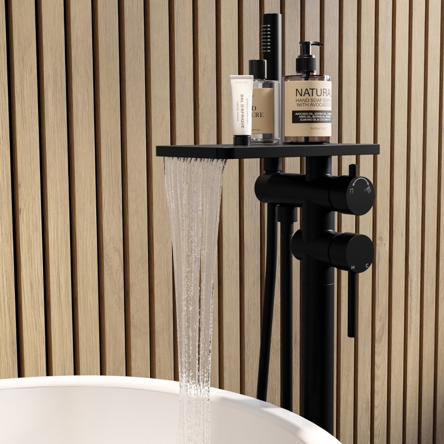 Matt Black Freestanding Bath Shower Mixer with Shelf - Savannah