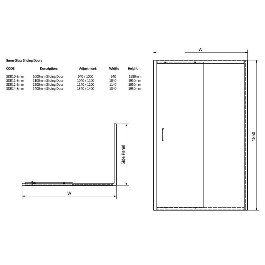 Claritas 8+ Glass Sliding Shower Door 1200 x 1950mm - 8mm Glass