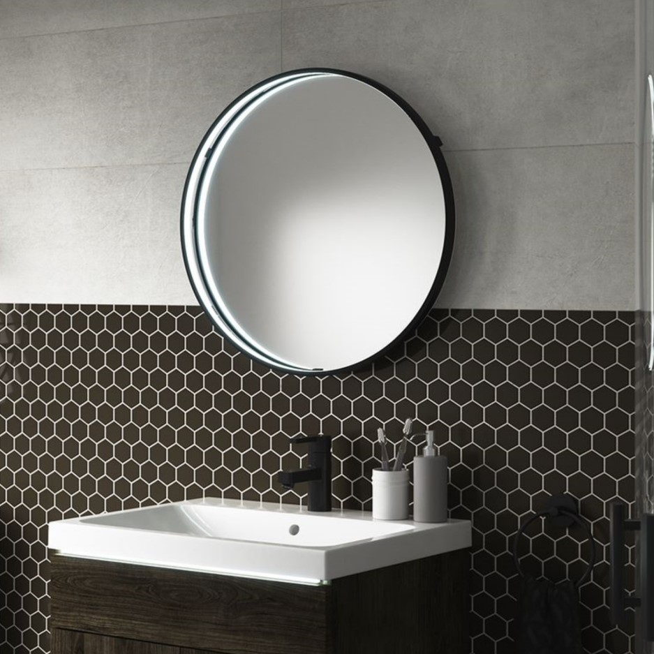 Black Round LED Bathroom Mirror with Demister 600mm Sensio Aspect