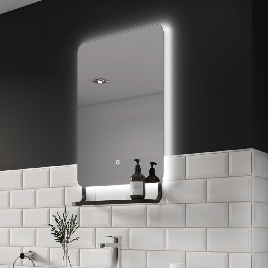 LED Black Bathroom Mirror with Shelf 500 x 790mm Sensio Harbour