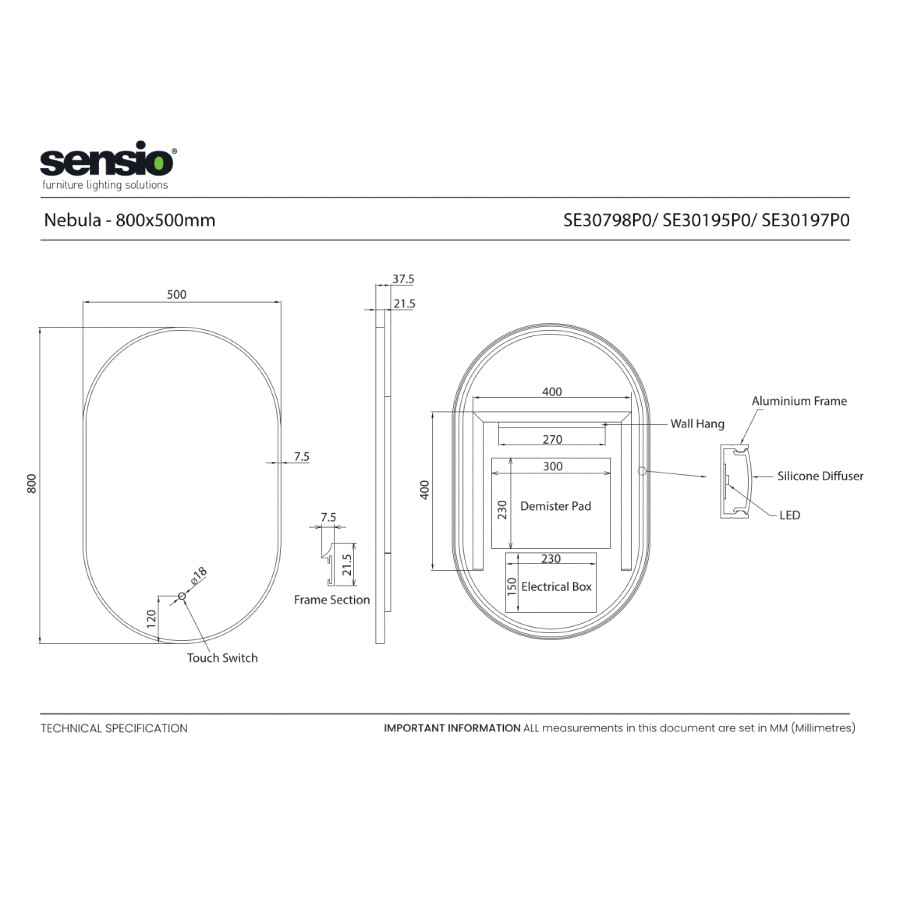 Sensio Nebula Oval Bronze Heated Bathroom Mirror with Lights 500 x 800mm