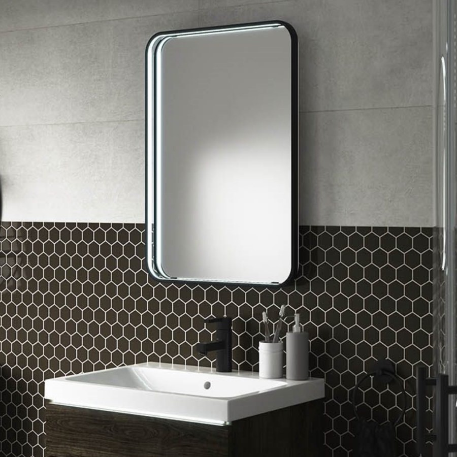 ONLY OPENED - Rectangular Black LED Bathroom Mirror with Demister 700 x 500mm -  Sensio Aspect