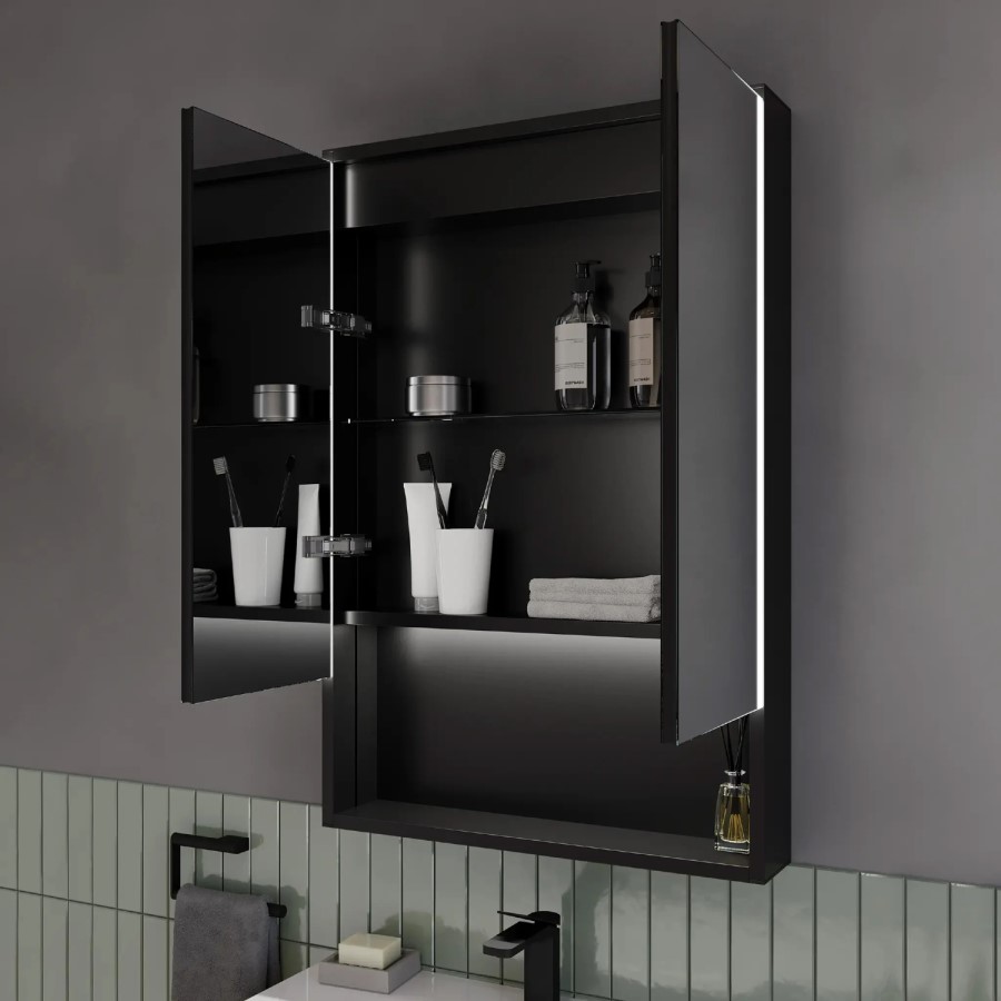 Sensio Sydney Double Door Black Mirrored Bathroom Cabinet with Lights & Shelf 600 x 900mm