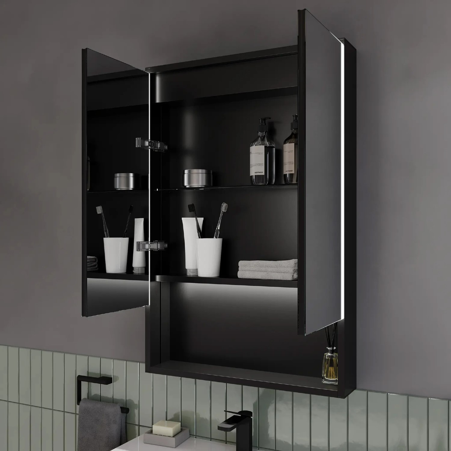 Sensio Black Sydney Double Door Bathroom Mirror Cabinet With Lights & Shelf 600 X 900Mm