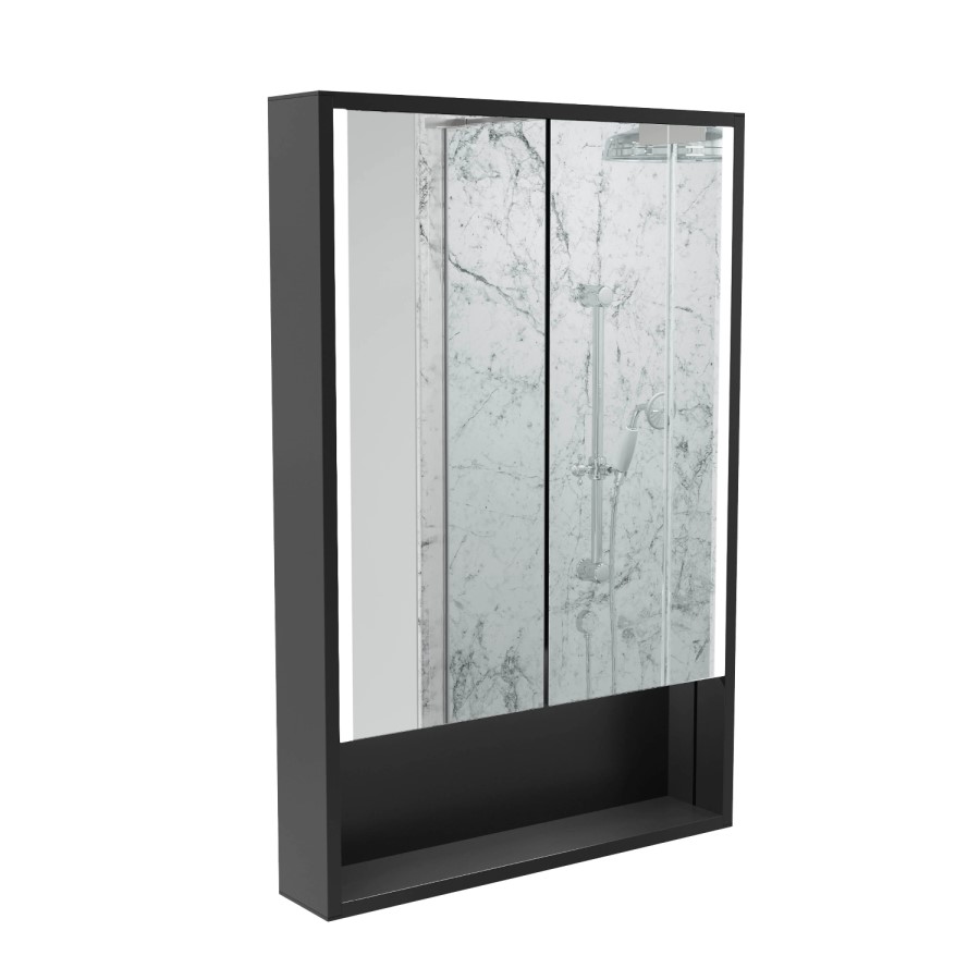Sensio Sydney Double Door Black Mirrored Bathroom Cabinet with Lights & Shelf 600 x 900mm