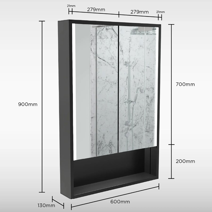 Sensio Sydney Double Door Black Mirrored Bathroom Cabinet with Lights & Shelf 600 x 900mm