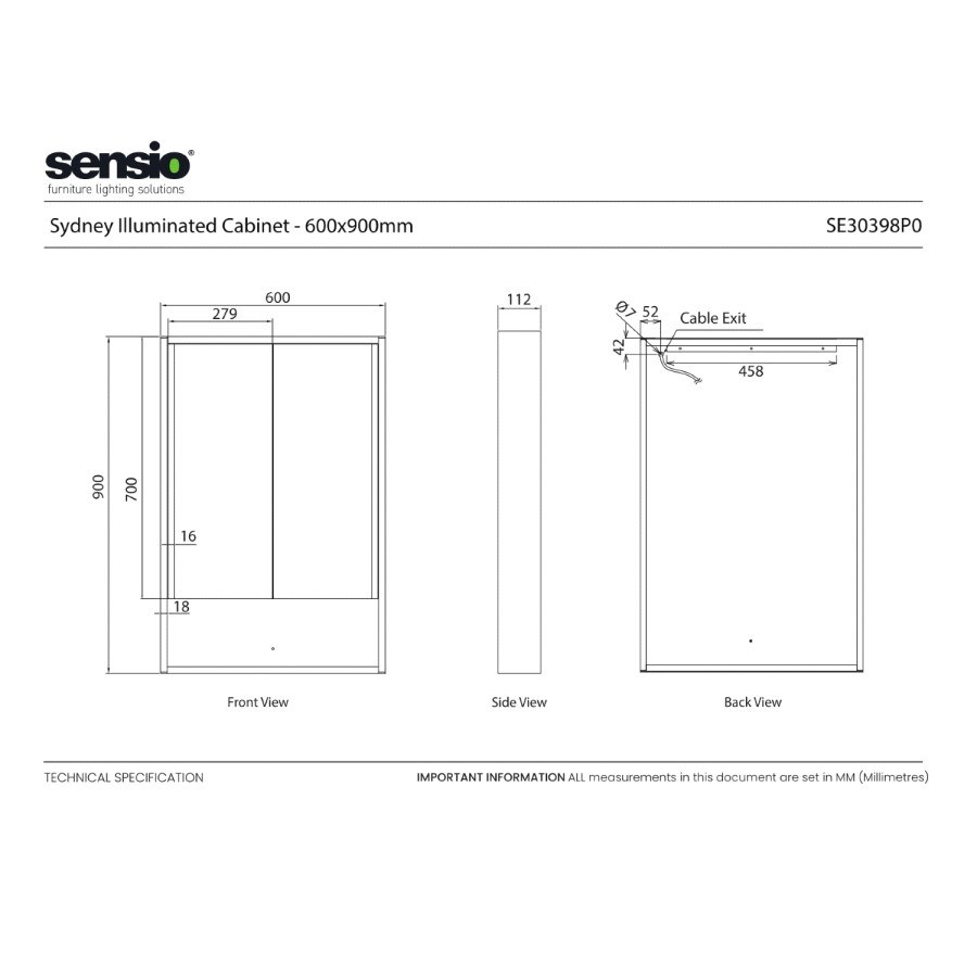 Sensio Sydney Double Door Black Mirrored Bathroom Cabinet with Lights & Shelf 600 x 900mm