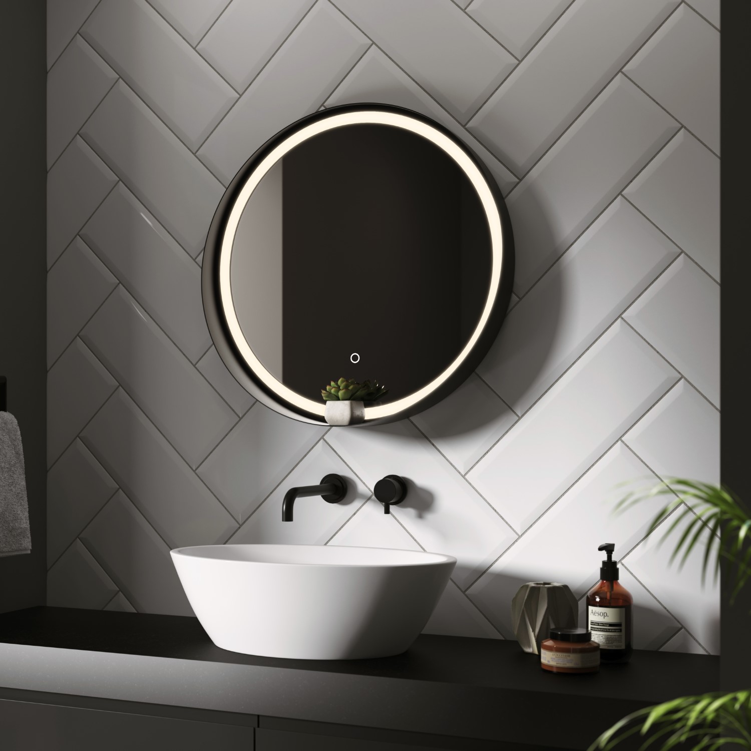 Sensio Dawn Round Black Heated Bathroom Mirror with Lights 600mm ...