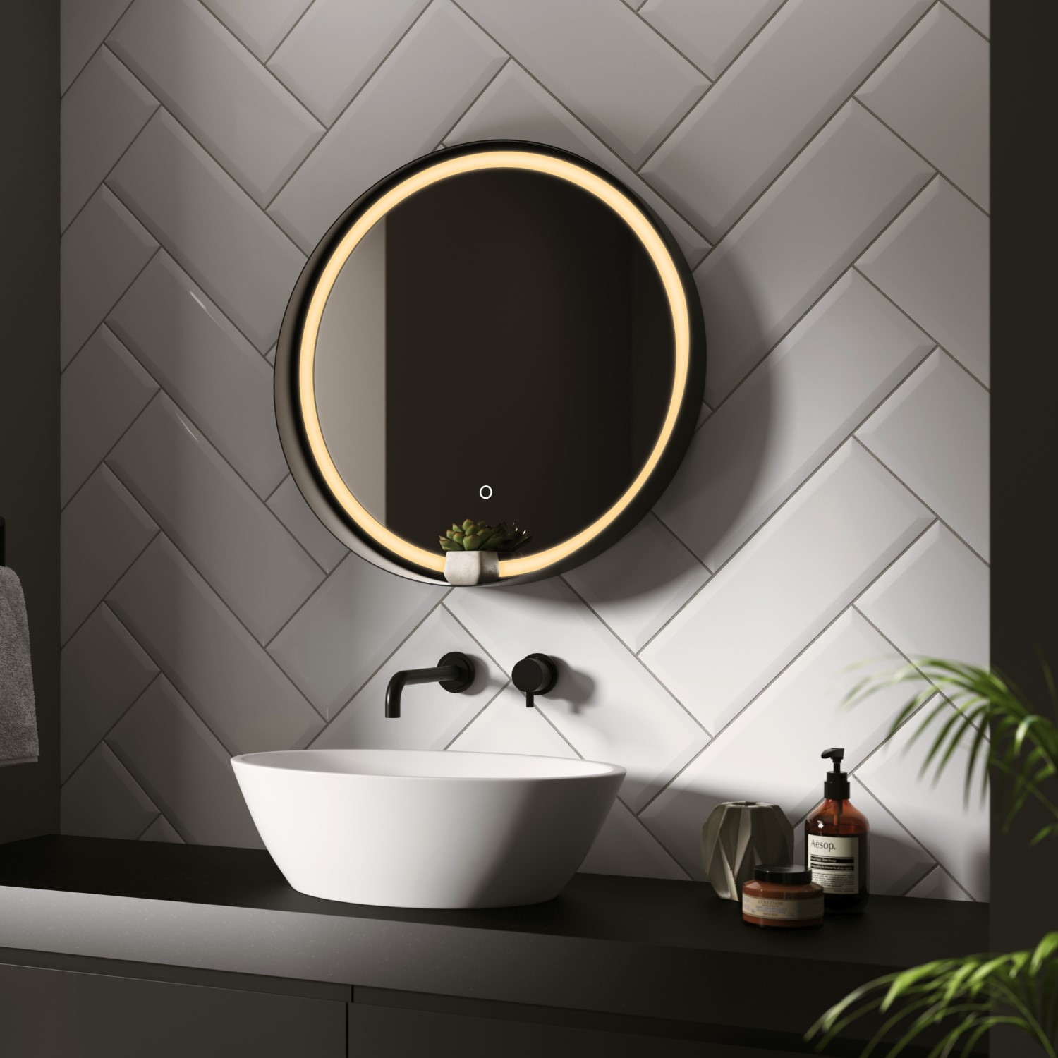 Sensio Dawn Round Black Heated Bathroom Mirror with Lights 600mm ...