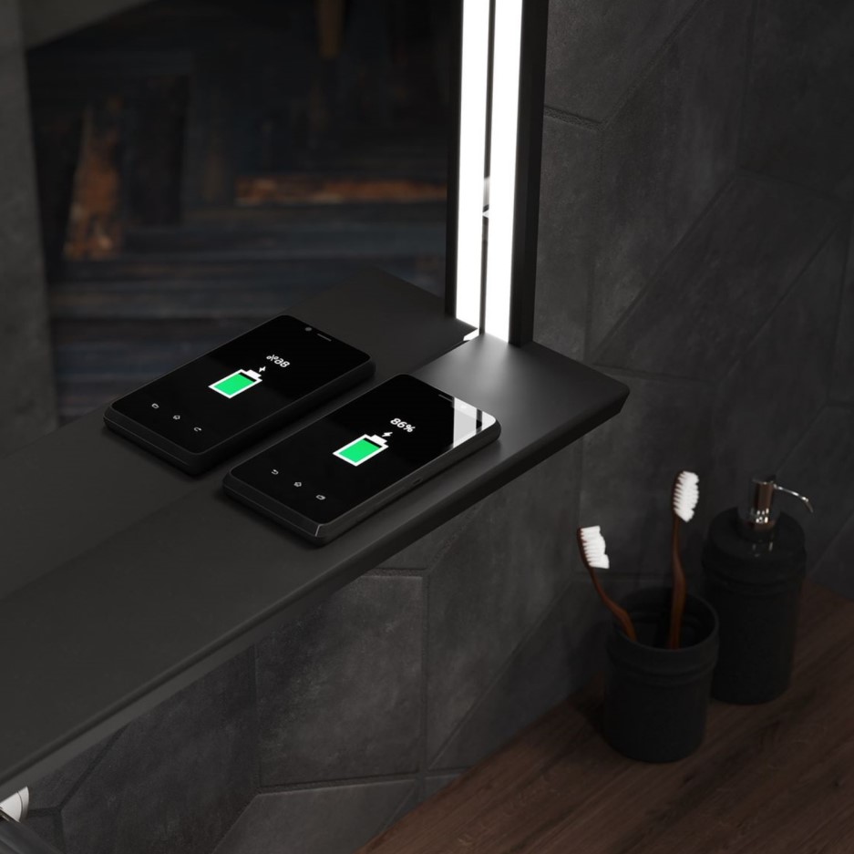 LED Black Bathroom Mirror with Shelf & Charger 800 x 600mm Sensio