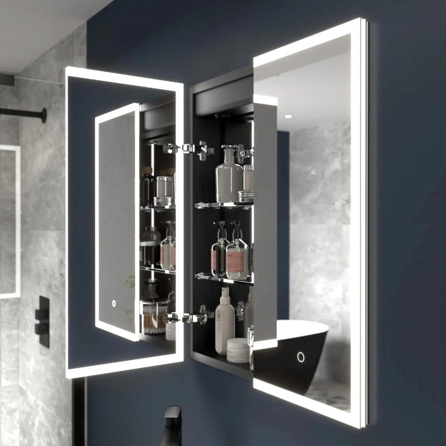 Sensio Eclipse Double Door Black Recessed Mirrored Bathroom Cabinet with Lights, Demister & Shaver Socket 600 x 700mm