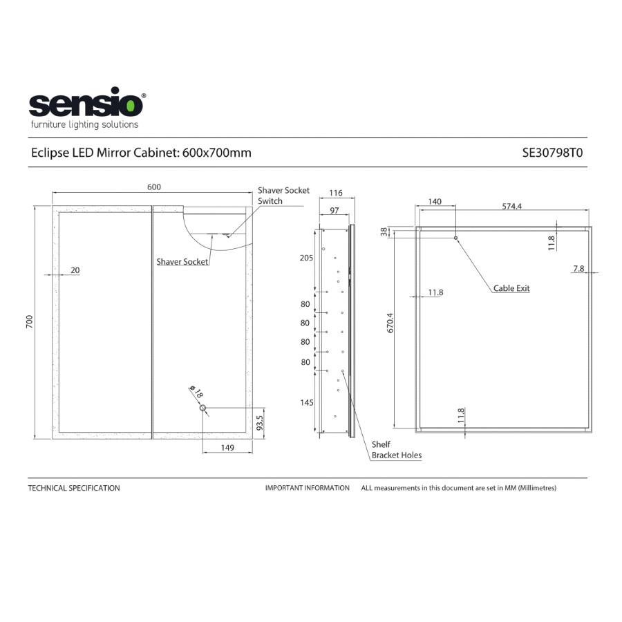 Sensio Eclipse Double Door Black Recessed Mirrored Bathroom Cabinet with Lights, Demister & Shaver Socket 600 x 700mm