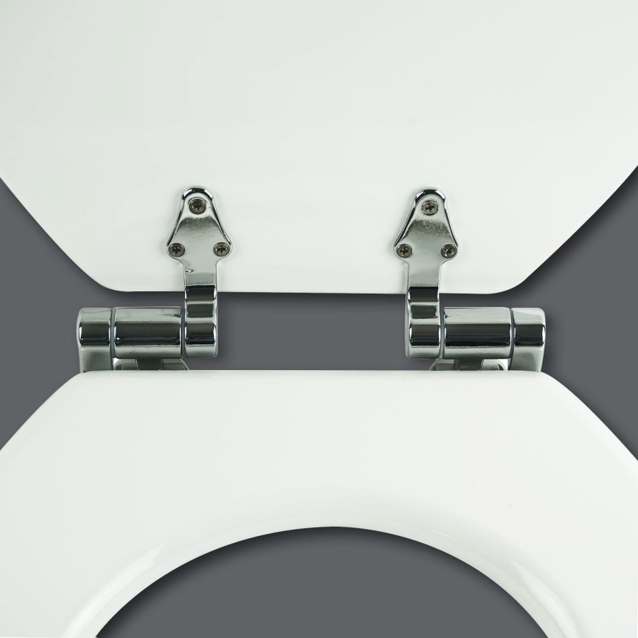 Soft Close Toilet Seat in White with Chrome Hinges