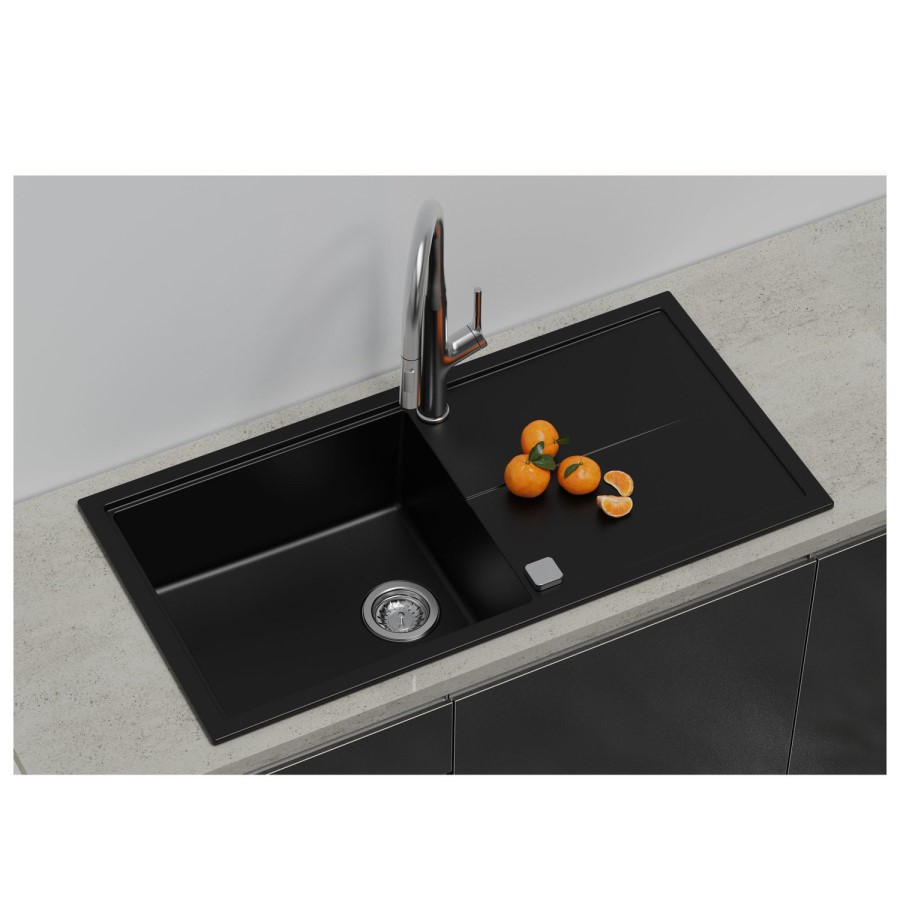 Single Bowl Inset Black Granite Kitchen Sink with Reversible Drainer - Essence