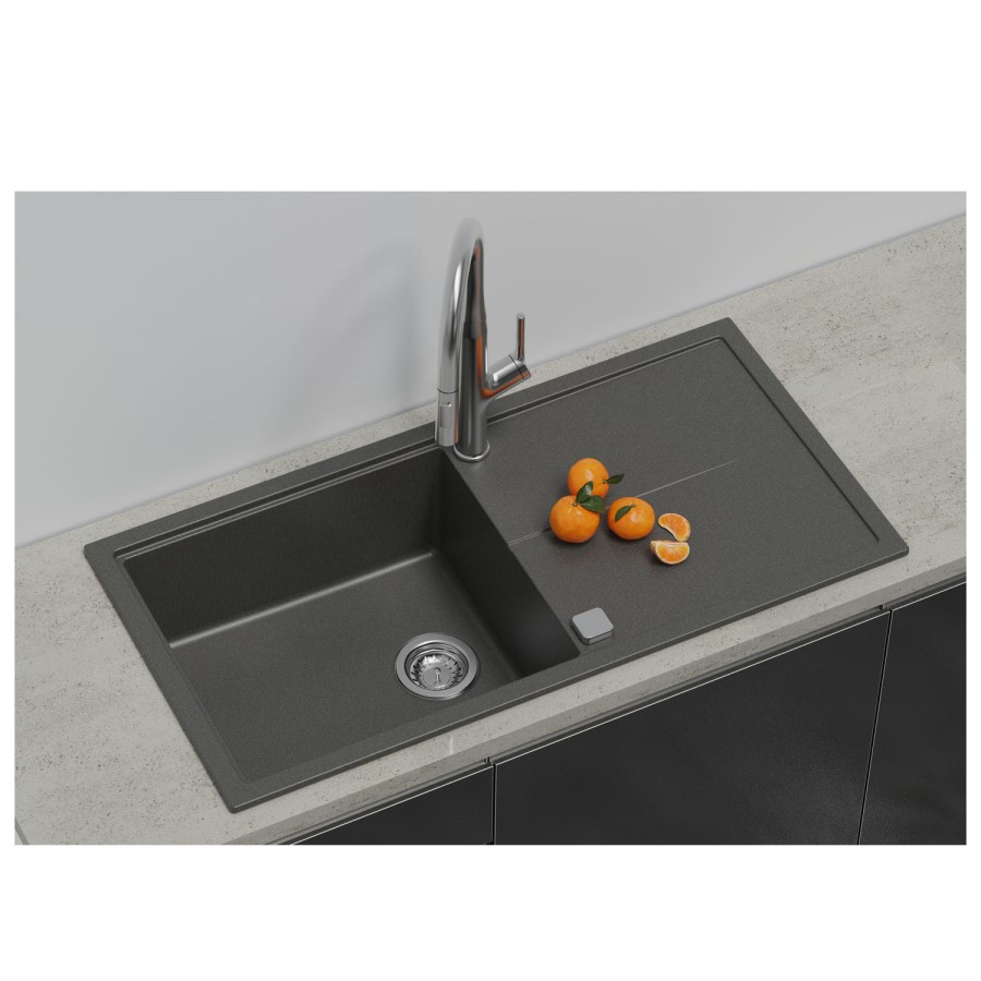 Single Bowl Inset Gunmetal Grey Granite Kitchen Sink with Reversible Drainer - Essence