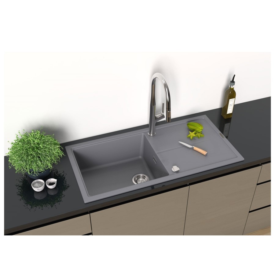 Single Bowl Inset Grey Granite Kitchen Sink with Reversible Drainer - Essence