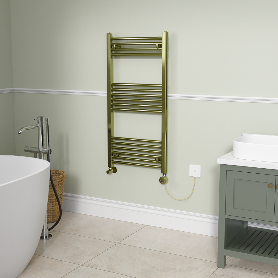 Brushed Brass electriQ 1200W Smart Wi-Fi Thermostatic Heating Element for Electric & Dual-Fuel Radiators and Towel Rails – Plug-In or Hardwired