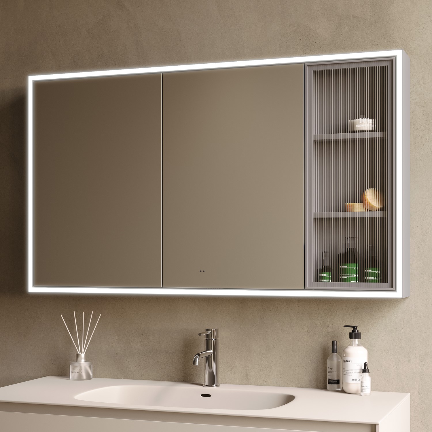 Sidra Beige Triple Door Bathroom Mirror Cabinet With Lights Demister & Shaver Socket 1200 X 700Mm