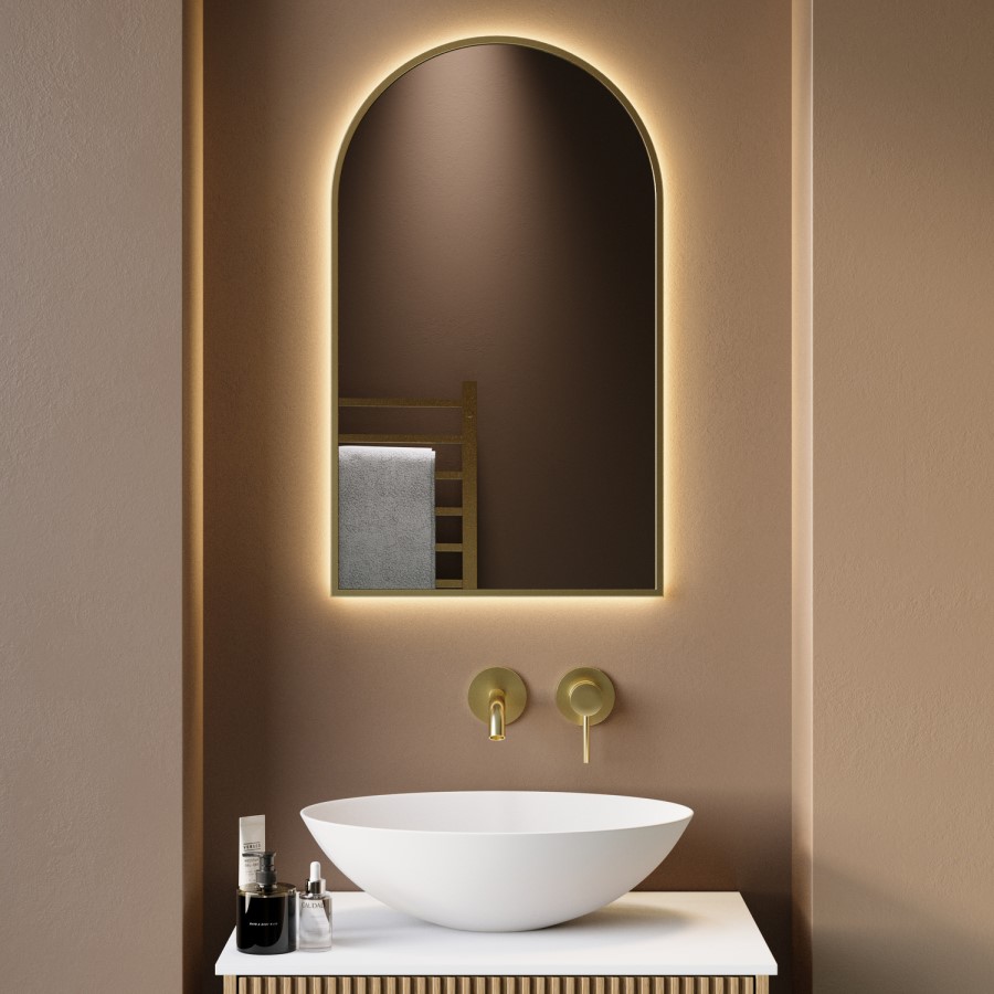 Arched Brass Backlit Heated Bathroom Mirror with Lights 500 x 800mm - Empire