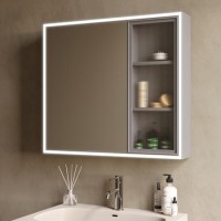 Double Door Beige Bathroom Mirror Cabinet with Lights Demister & Shaver Socket - Sidra