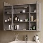 Double Door Beige Bathroom Mirror Cabinet with Lights Demister & Shaver Socket - Sidra