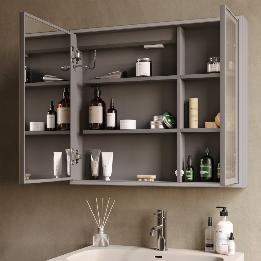 Double Door Beige Bathroom Mirror Cabinet with Lights Demister & Shaver Socket - Sidra